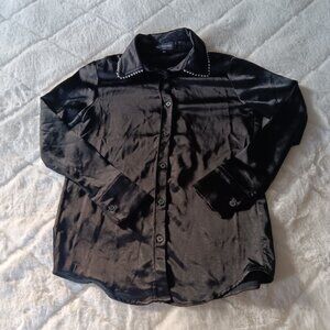 Kittenish satin button up blouse faux pearl embelished collar
